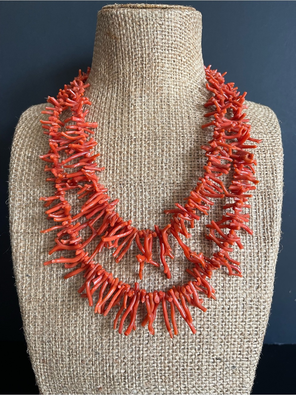 Vintage Italian natural orange Red Branch Coral double strand Statement Necklace